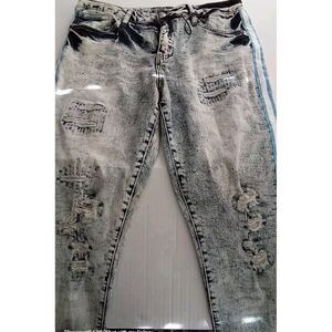 Ripped Distressed Jeans Slim‎ Fit Denim Blue Acid Wash Striped Mens Size